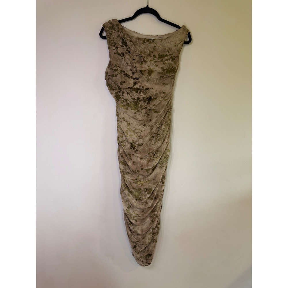 Thirty Thirty LA Green Floral Ruched Mesh Midi Dress Womens Medium Tan Olive